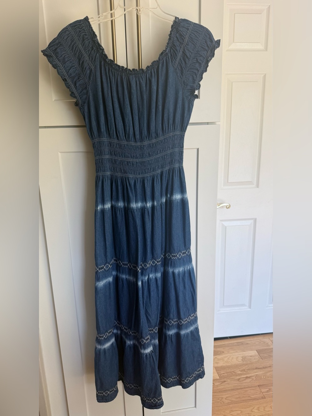 Smocked light weight denim Tie-Dye Maxi Dress